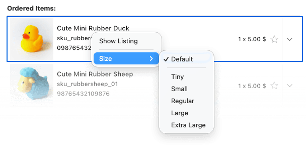 Ordered Items Context Menu Ordered Items Context Menu