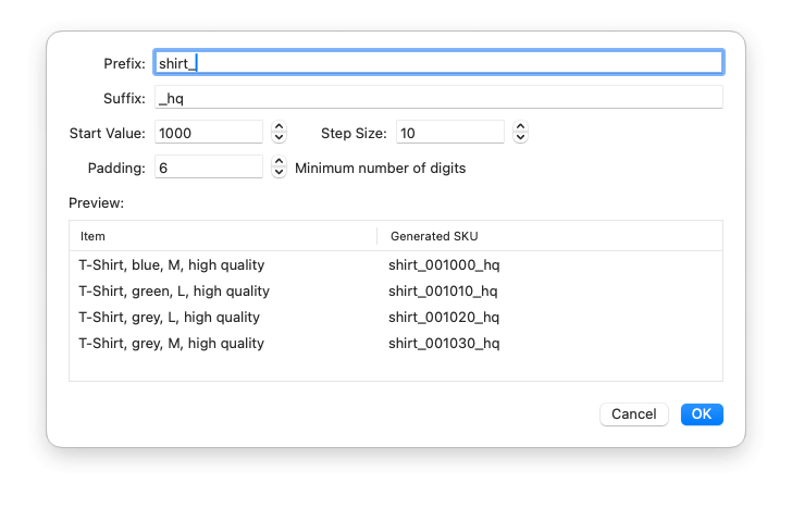 Generate SKUs Panel