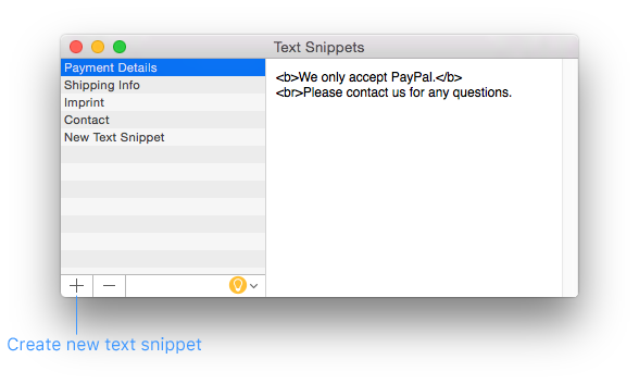 Text Snippets window