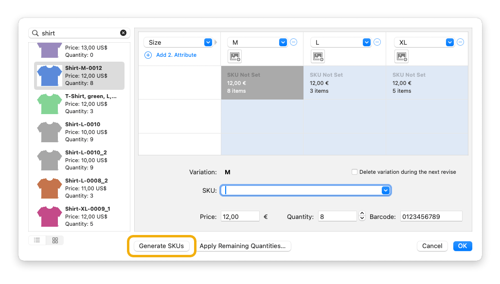 Generate SKUs