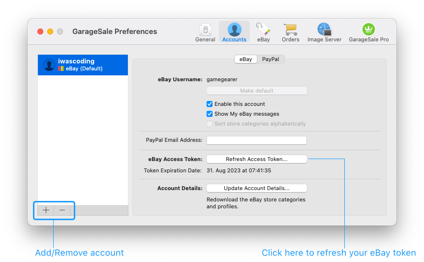 Issues updating token/re-adding account - GarageSale - iwascoding Help